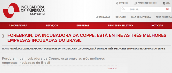 Clipping – Incubadora de Empresas Coppe/UFRJ: Forebrain, da Incubadora da Coppe, está entre as três melhores empresas incubadas do Brasil