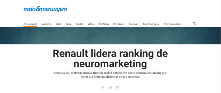 Clipping – Meio&Mensagem: Renault lidera ranking de neuromarketing