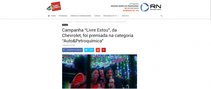 Clipping –  Grandes Nomes da Propaganda: Campanha “Livre Estou”, da Chevrolet, foi premiada na categoria “Auto&Petroquímica”